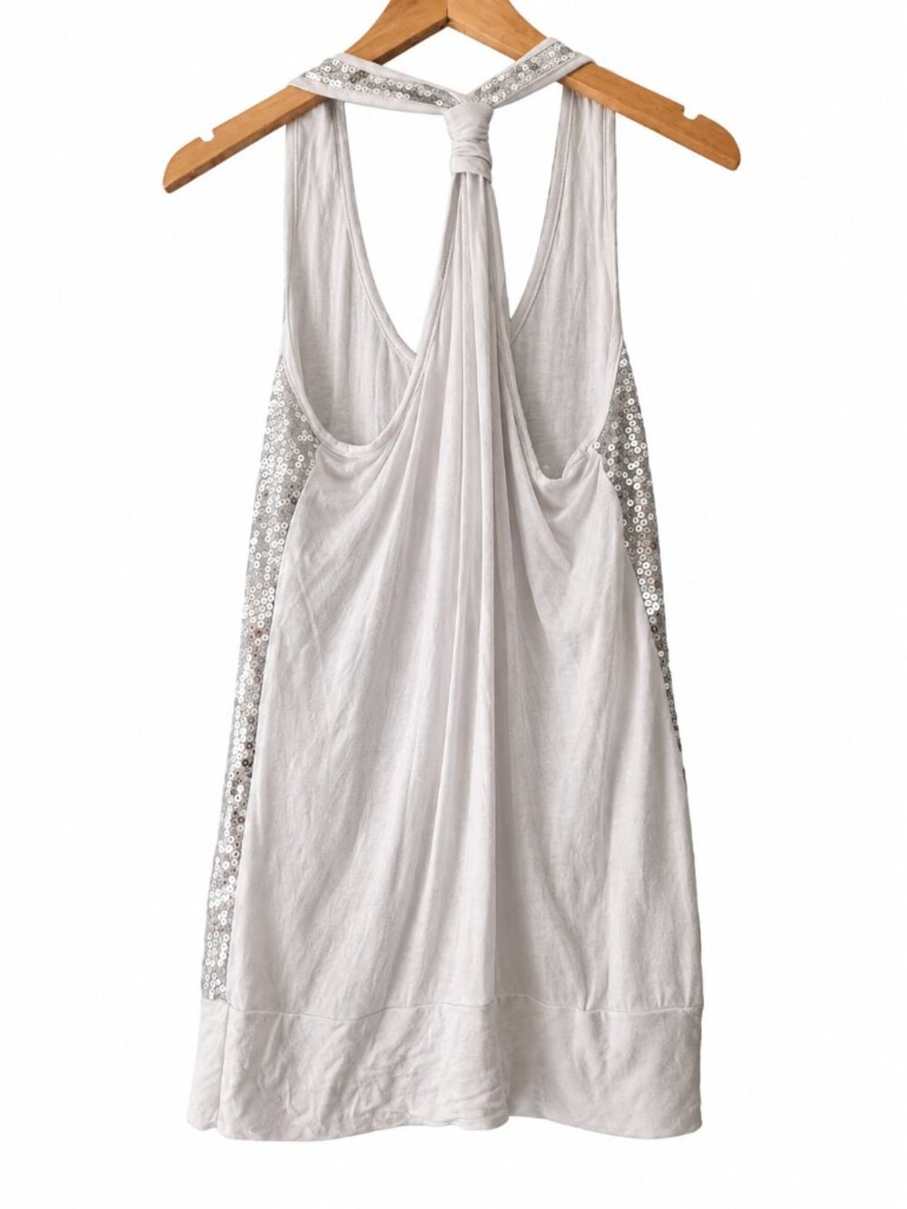 My Wish List Silver Sequin White Scoop Neck Knotted Racerback Long Y2K Top  L - Picture 2 of 6